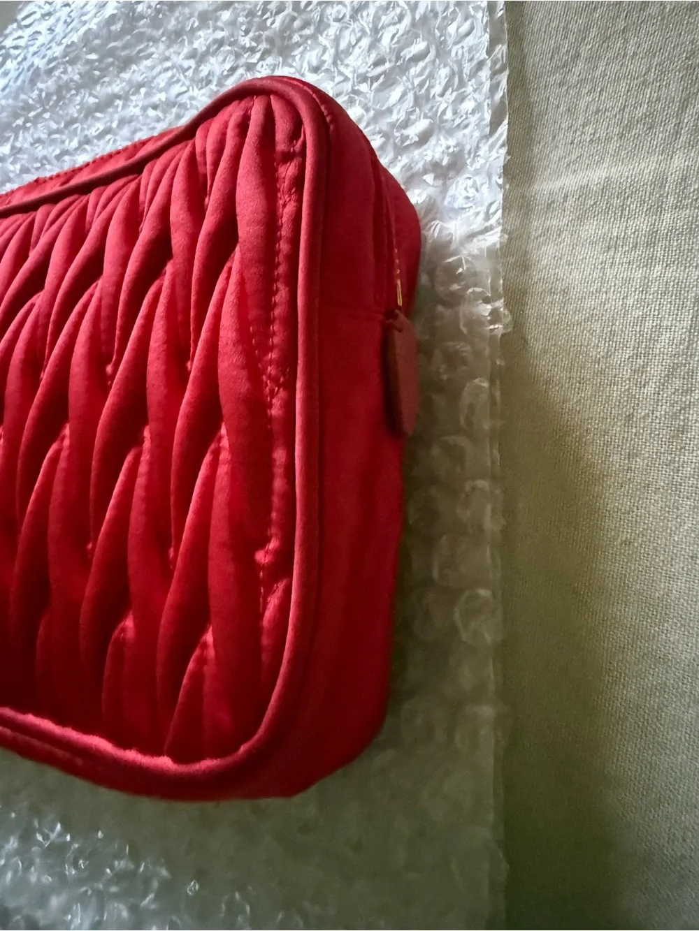 Miu Miu Red Quilted Matelassé Cosmetic Pouch with Gold Logo